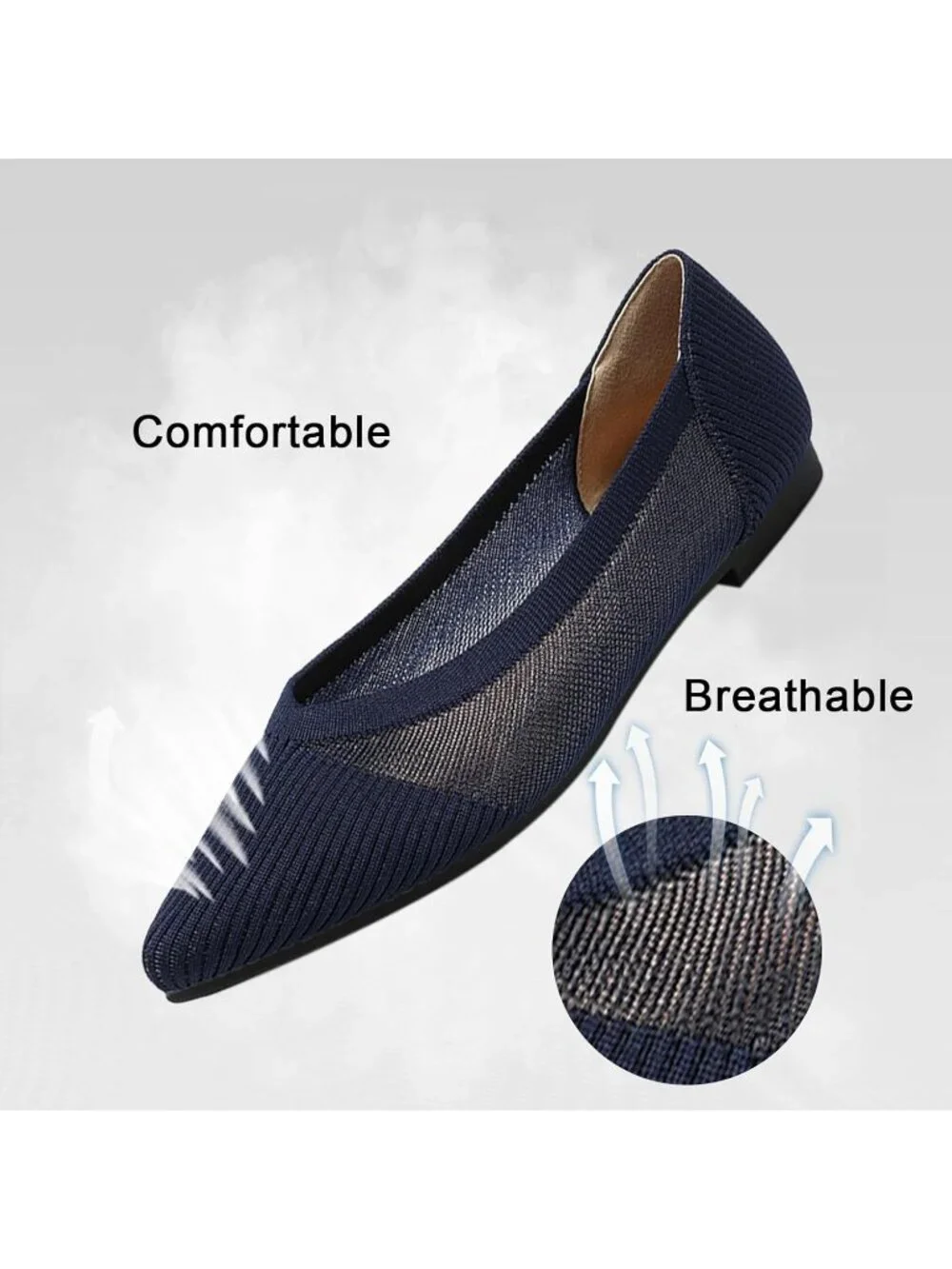 Women's Navy Flats Shoes Pointed Toe Knit Ballet Comfortable Dressy Mesh Flat